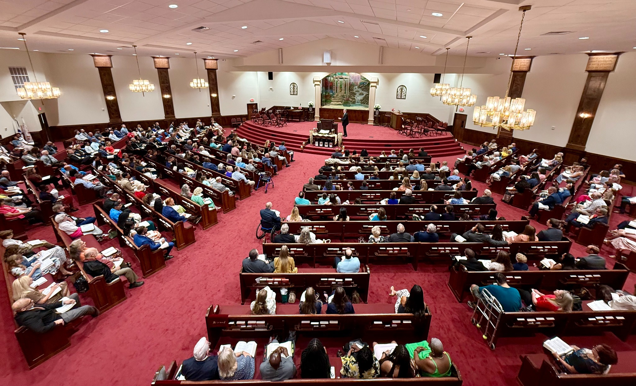 An overhead view of the congregation in the sanctuary